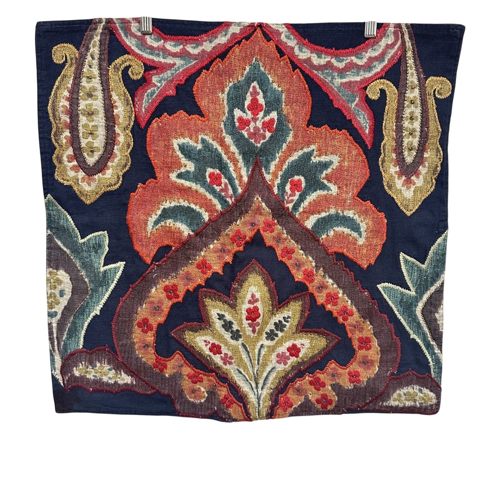 Pottery Barn Set 2 Paisley Ikat Pillow Shams 24x24 Navy Embroidered Beaded Cover